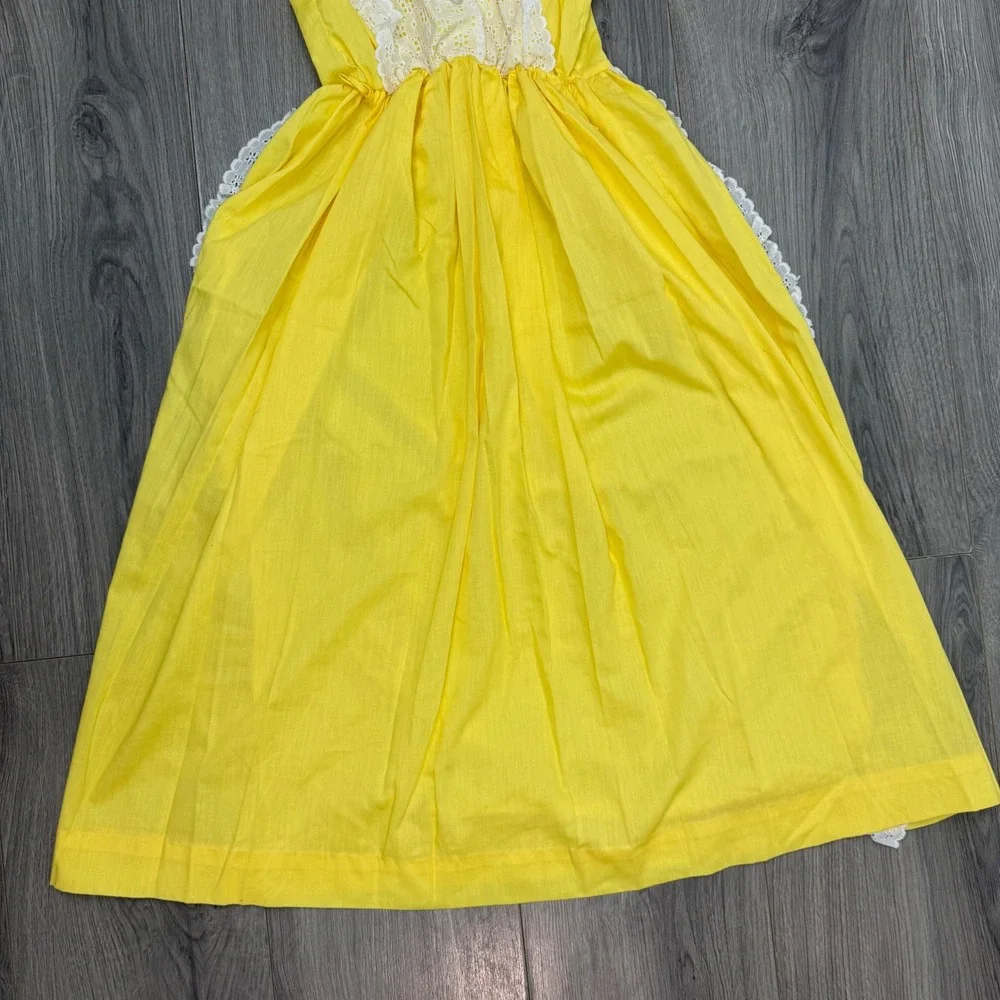 Vintage 70s Montgomery Ward Girls Yellow Prairie Maxi Dress Eyelet Lace Size 6‎